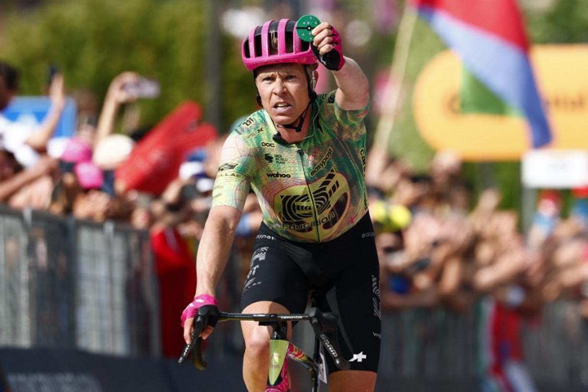 EF Education - EasyPost Danish rider Michael Valgren celebrates as he crosses the finish line to win the 17th stage of the Giro d'Italia 2026 - Tour of Italy cycling race between Cassano d'Adda and Andalo, Italy, on May 27, 2026.  Luca Bettini / AFP