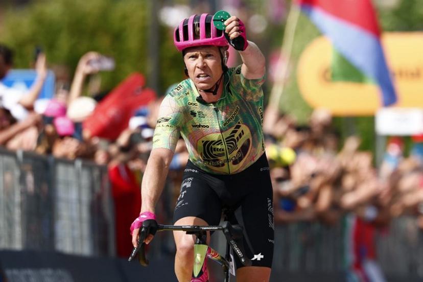 EF Education - EasyPost Danish rider Michael Valgren celebrates as he crosses the finish line to win the 17th stage of the Giro d'Italia 2026 - Tour of Italy cycling race between Cassano d'Adda and Andalo, Italy, on May 27, 2026.  Luca Bettini / AFP