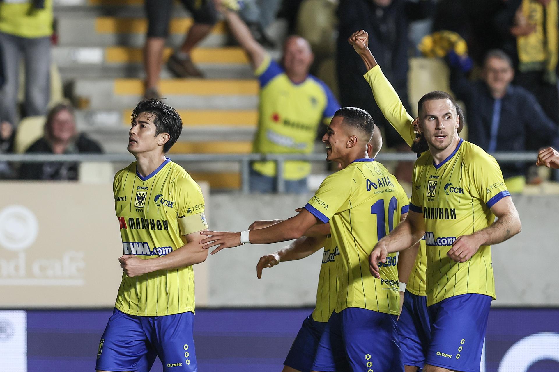 STVV's Shogo Taniguchi celebrates after scoring during a soccer game between Belgian Sint-Truidense V.V. and Cypriot AC Omonoia Nicosia, Thursday 20 August 2026 in Sint-Truiden, the first leg of the play-off round for the UEFA Europa League league phase. BELGA PHOTO BRUNO FAHY