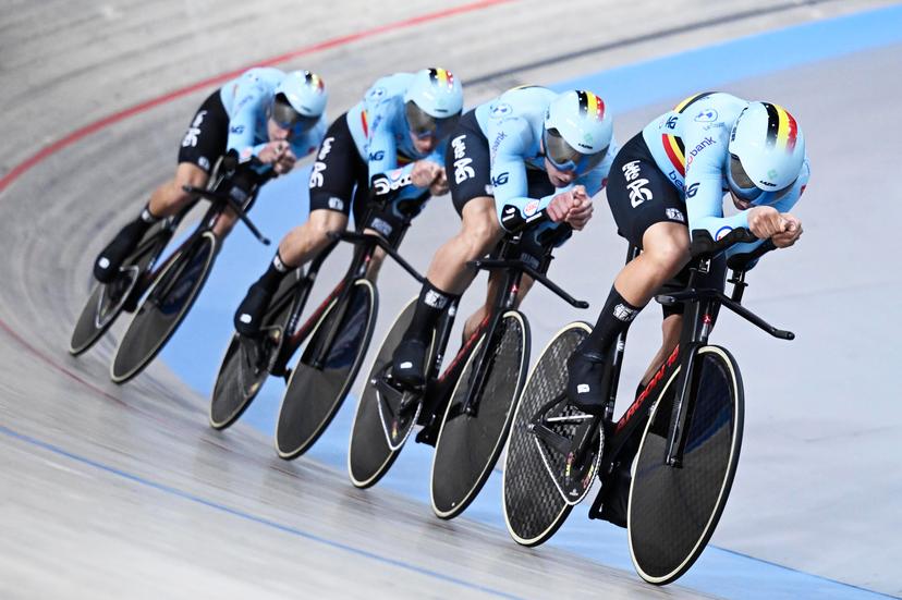 Belgian Lindsay De Vylder, Noah Vandenbranden, Gianluca Pollefliet, Tuur Dens pictured during the qualification of the Men's Team Pursuit event, at the 2024 UEC Track Elite European Championships, in Apeldoorn, Netherlands, Wednesday 10 January 2024. The European Championships take place from 10 ,to 14 January. BELGA PHOTO DIRK WAEM