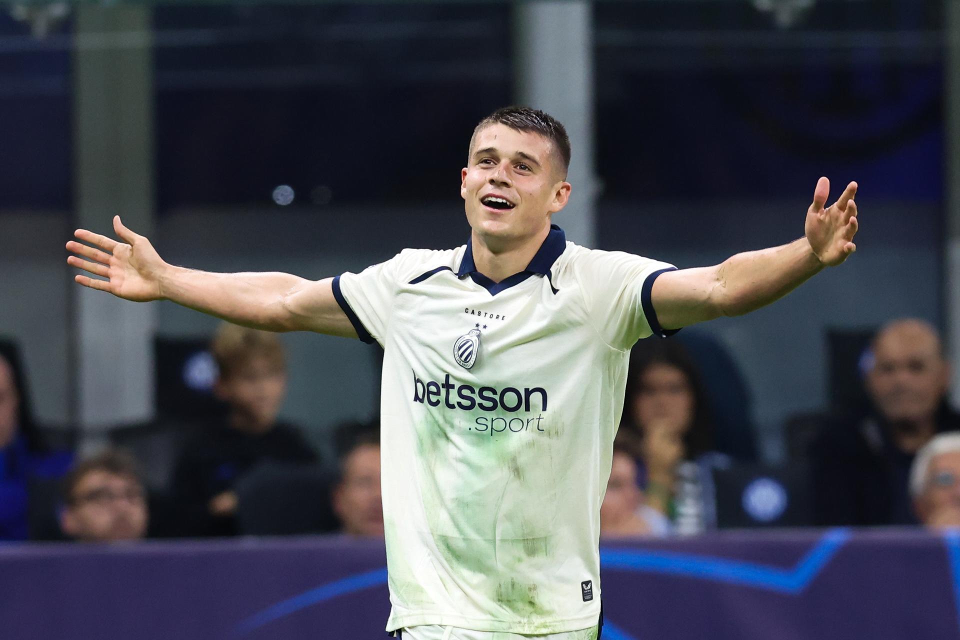Club's Nicolo Tresoldi celebrates after scoring during a soccer game between Italian Inter Milan and Belgian Club Brugge KV, Tuesday 13 October 2026 in Milan, Italy, on day 2 of the UEFA Champions League league phase. BELGA PHOTO BRUNO FAHY
