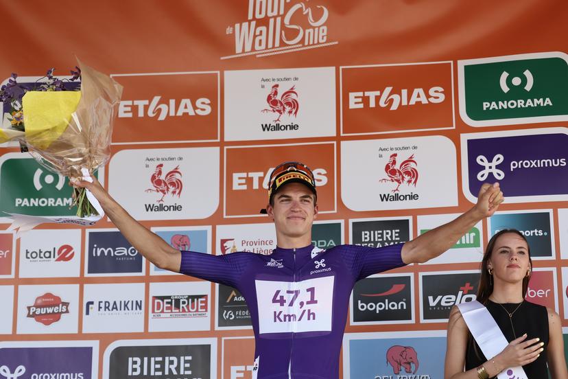 Czech Mathias Vacek of Lidl-Trek pictured on the podium after the third stage of the Tour De Wallonie cycling race, from Estinnes to Antoing (165,3km), on Monday 28 July 2025. BELGA PHOTO BRUNO FAHY