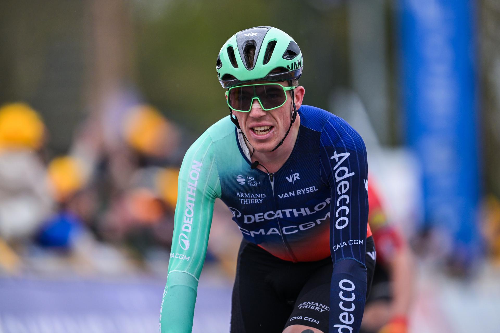 Belgian Stan Dewulf of Decathlon CMA CGM Team pictured after crossing the finish line at pictured at the start of the 'E3 Saxo Bank Classic' one day cycling race, 208,8km from and to Harelbeke, on Friday 27 March 2026. BELGA PHOTO DAVID PINTENS