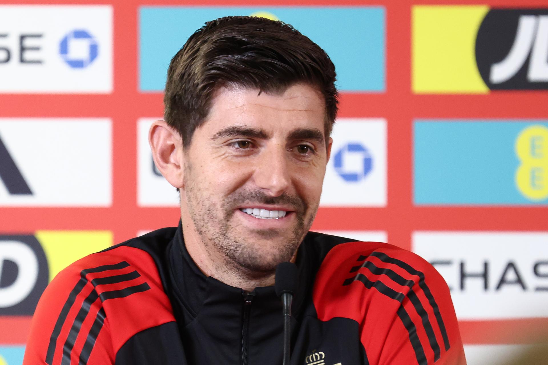 Belgium's goalkeeper Thibaut Courtois pictured during a press conference of Belgian national soccer team Red Devils in Cardiff, Wales on Sunday 12 October 2025. The team is preparing for tomorrow's match against Wales, qualifier 6/8 for the 2026 World Cup. BELGA PHOTO BRUNO FAHY