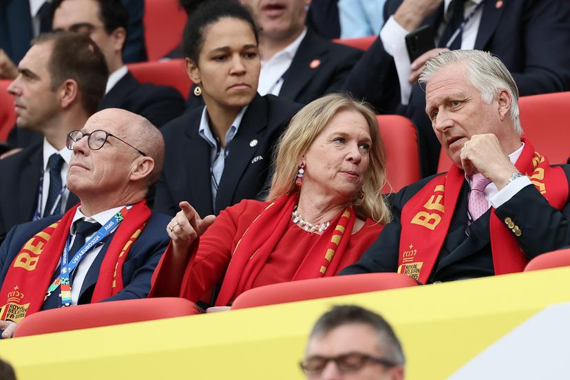RBFA CEO Piet Vandendriessche, RBFA chairwoman Pascale Van Damme and King Philippe - Filip of Belgium pictured at the start of a soccer game between Belgian national soccer team Red Devils and Romania, Saturday 22 June 2024 in Cologne, Germany, the second match in the group stage of the UEFA Euro 2024 European championships. BELGA PHOTO BRUNO FAHY