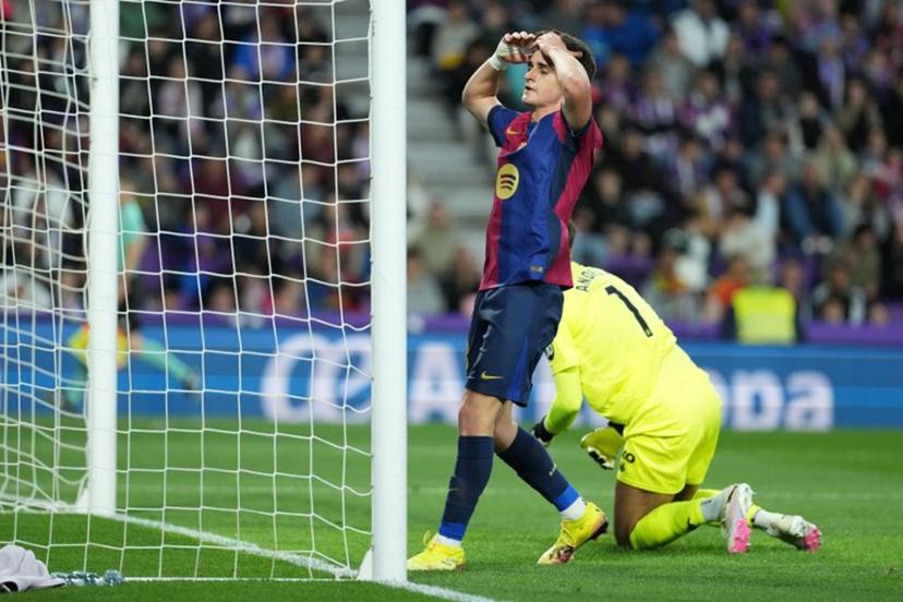 Barcelona's Spanish forward #18 Pau Victor Delgado reacts to missing a goal opportunity during the Spanish league football match between Real Valladolid FC and FC Barcelona at the Jose Zorrilla stadium in Valladolid on May 3, 2025.  Cesar Manso / AFP