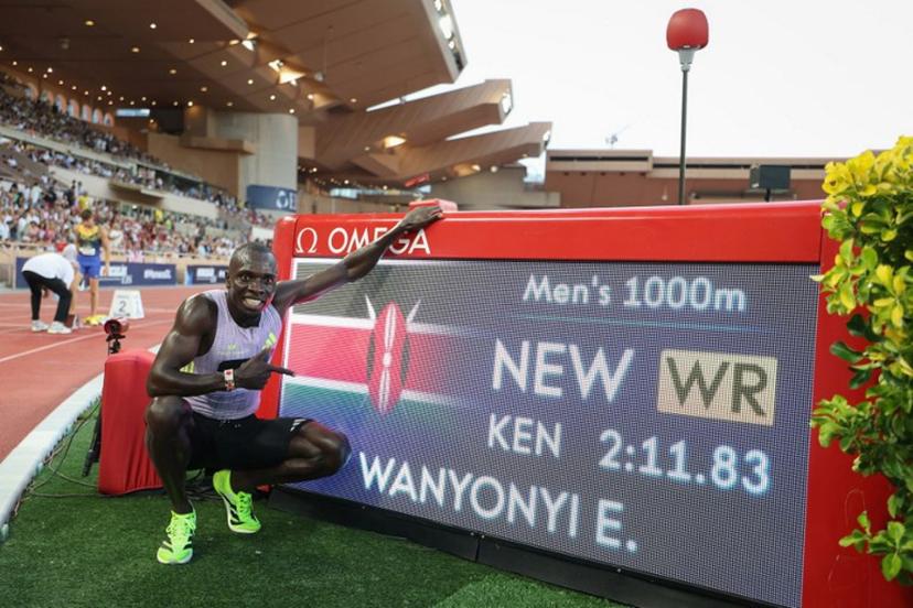 Kenya's Emmanuel Wanyonyi celebrates after setting a new World Record in the men's 1000m during the Diamond League athletics meeting at the Stade Louis II in Monaco on July 10, 2026.  Valery HACHE / AFP