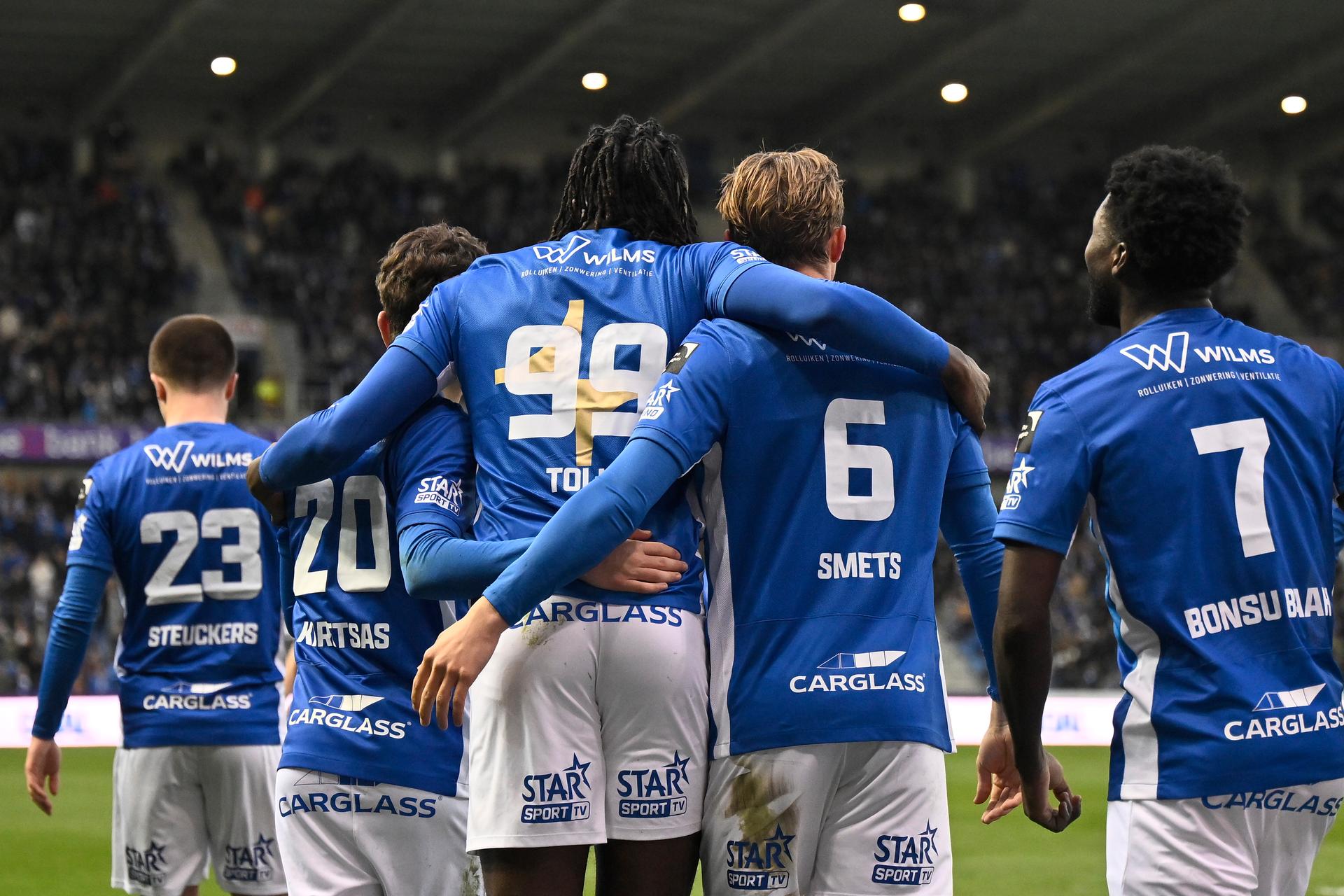 Genk's Tolu Toluwalase Arokodare celebrates after scoring during a soccer match between KRC Genk and KAA Gent, Sunday 30 March 2025 in Gent, on day 1 (out of 10) of the Champions' Play-offs of the 2024-2025 'Jupiler Pro League' first division of the Belgian championship. BELGA PHOTO JOHAN EYCKENS
