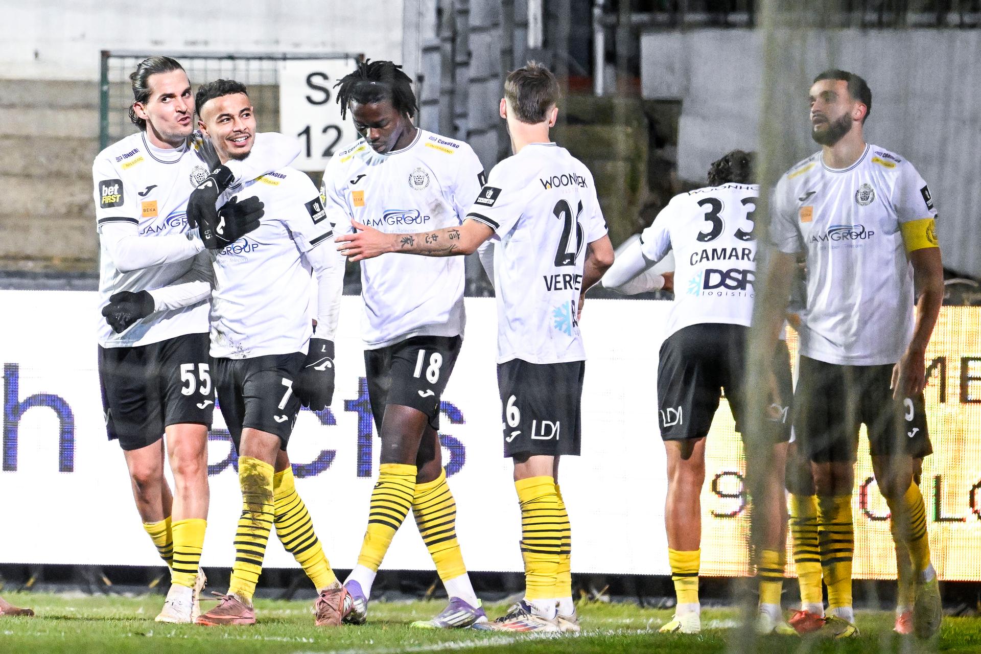 Lokeren's Anisse Brrou celebrates after scoring during a soccer game between KSC Lokeren and Club NXT, Saturday 22 November 2025 in Lokeren, on day 14 of the 2025-2026 'Challenger Pro League' 1B second division of the Belgian championship. BELGA PHOTO TOM GOYVAERTS