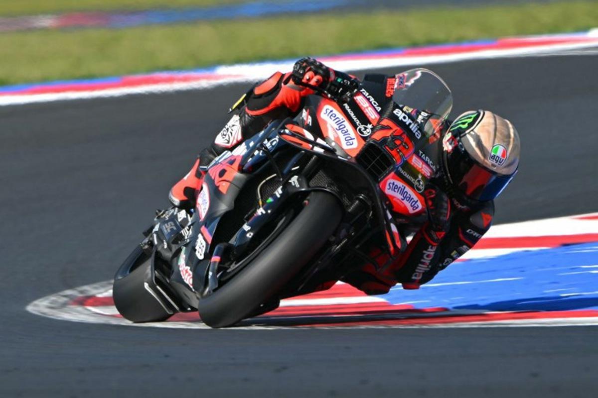 Aprilia Racing team's Italian MotoGP rider Marco Bezzecchi during the second practice session ahead of the San Marino Moto GP Grand Prix at the Misano World Circuit Marco Simoncelli, in Misano Adriatico, northern Italy, on September 13, 2025.  Andreas SOLARO / AFP