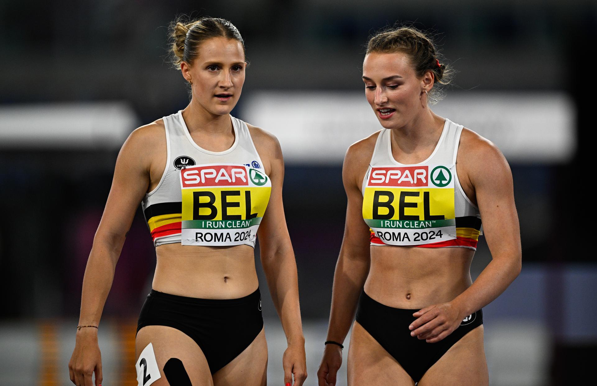 Belgian Rani Vincke, Belgian Janie De Naeyer, pictured after the women's 4x100m relay, at and  the European Championships Athletics in Rome, Italy, on Wednesday 12 June 2024. The European Athletics Championships take place from 7 to 12 June. BELGA PHOTO JASPER JACOBS