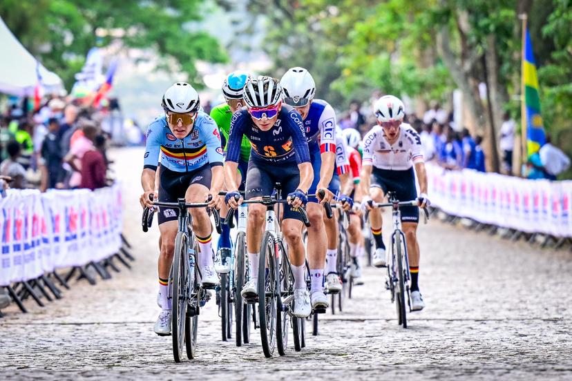Belgian Jarno Widar and Spanish Hector Alvarez pictured in action during the u23 men road race (164,6 km) at the cycling road World Championships in Kigali, Rwanda, Friday 26 September 2025. The 2025 UCI Road World Championships take place from 21 to 28 September in Kigali, Rwanda. BELGA PHOTO DIRK WAEM