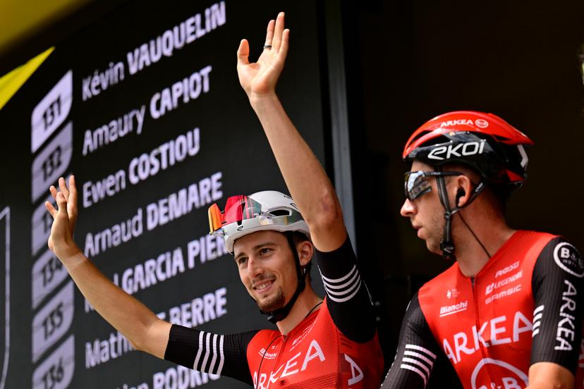 French Kevin Vauquelin of Arkea-B&B Hotels and Belgian Amaury Capiot of Arkea-B&B Hotels pictured at the start of stage 15 of the 2025 Tour de France cycling race, from Muret to Carcasonne (169 km), on Sunday 20 July 2025 in France. The 112th edition of the Tour de France starts on Saturday 5 July in Lille, France, and will finish in Paris, France on the 27th of July.   BELGA PHOTO DIRK WAEM