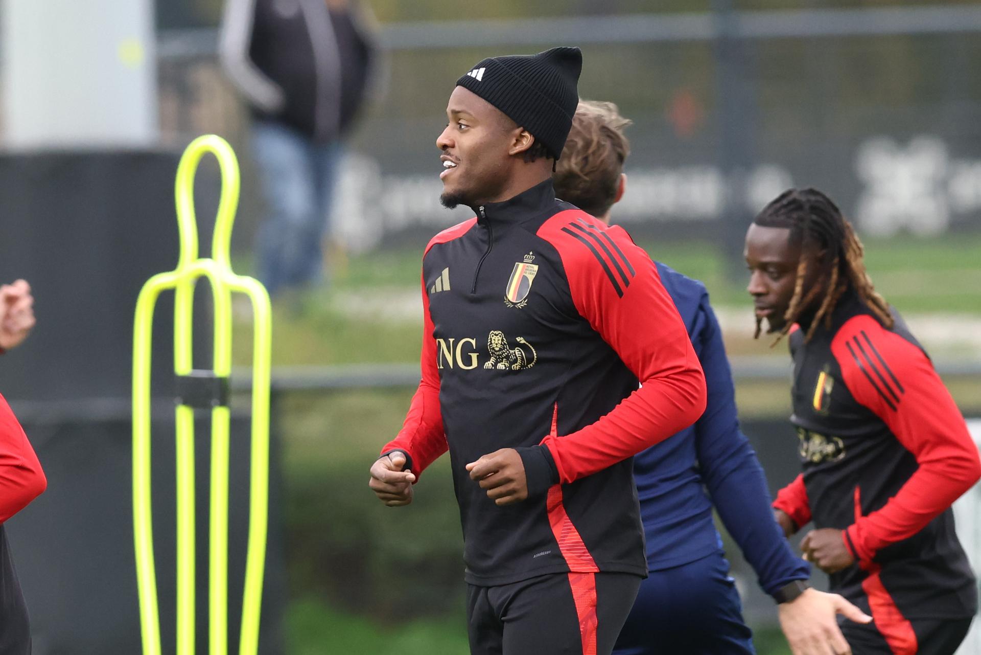 Belgium's Michy Batshuayi pictured during an open training session of the Red Devils, the Belgian national soccer team, at the Proximus Basecamp in Tubize, Monday 06 October 2025. The team is preparing for the matches against North Macedonia (10/10) and Wales (13/10). BELGA PHOTO BRUNO FAHY