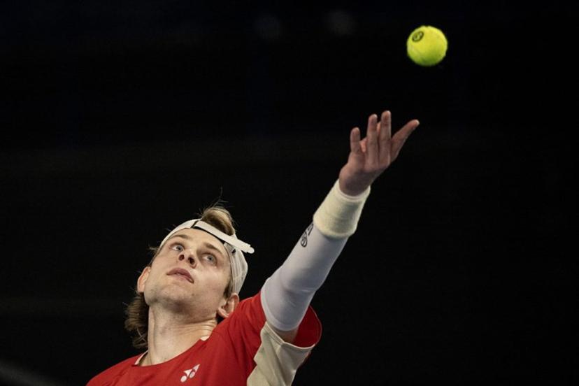 Belgian Zizou Bergs serves the ball to France's Ugo Humbert during their semi-final simple tennis match at the Marseille Open 13 ATP World Tour in Marseille, southern France on February 15, 2025.  MIGUEL MEDINA / AFP