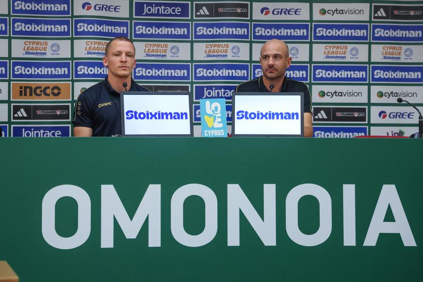 STVV's Robert-Jan Vanwesemael and STVV's head coach Frederic De Meyer are pictured during a press conference of Belgian soccer team Sint-Truidense V.V., Wednesday 26 August 2026 in Nicosie, Cyprus, in preparations of the return leg of the play-off round for the UEFA Europa League league phase, against Cypriot team AC Omonoia Nicosia. STVV won the first leg 1-0. BELGA PHOTO BRUNO FAHY