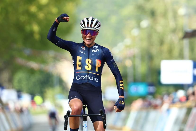 Spain Paula Blasi Cairol celebrates after winning on the finish line of the 85,7 km Women U23 Road Race at the UEC road European cycling championships, France on Friday 03 October 2025. The European cycling championships Drome-Ardeche takes place from 1 to 5 October, France. BELGA PHOTO DAVID PINTENS