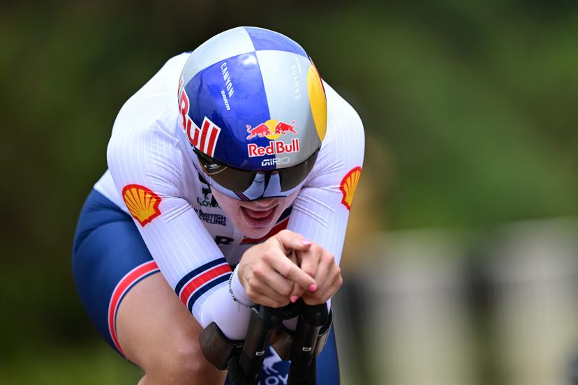 British Zoe Backstedt pictured in action during the Women U23 Individual Time Trial race (22,6km) at the cycling road world championships, in Kigali, Rwanda, Monday 22 September 2025. The 2025 UCI Road World Championships take place from 21 to 28 September in Kigali, Rwanda. BELGA PHOTO DIRK WAEM