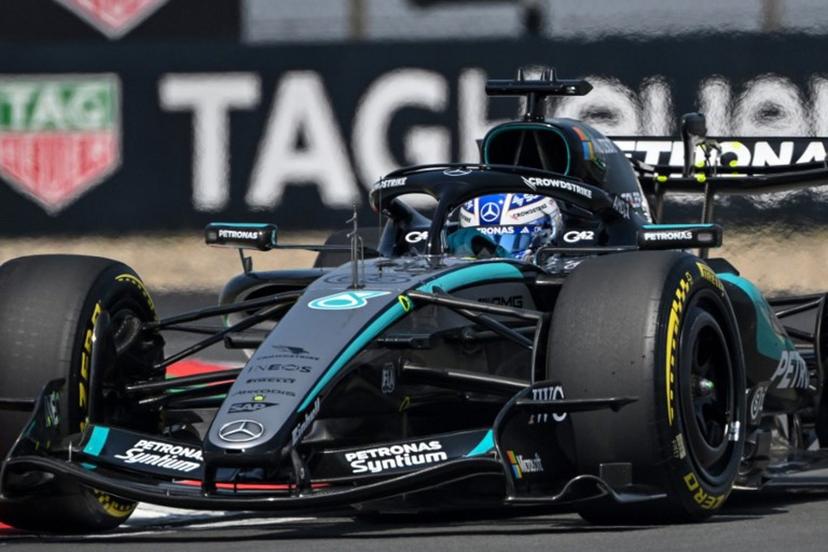 Mercedes' British driver George Russell drives during a practice session ahead of the Formula One Chinese Grand Prix at the Shanghai International Circuit in Shanghai on March 13, 2026.  JADE GAO / AFP