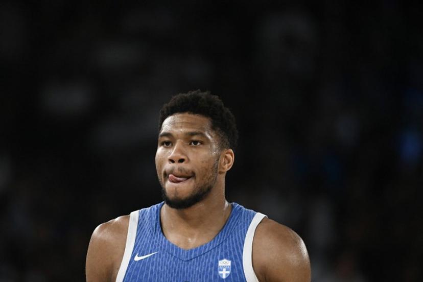Greece's #34 Giannis Antetokounmpo looks on during the men's quarterfinal basketball match between Germany and Greece during the Paris 2024 Olympic Games at the Bercy  Arena in Paris on August 6, 2024.  Aris MESSINIS / AFP
