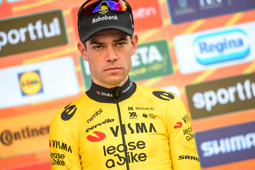 Belgian Wout van Aert of Team Visma-Lease a Bike pictured on the podium after the 'Milano-Sanremo' one day cycling race for men, 298km from Milan to San Remo, Italy, Saturday 21 March 2026. BELGA PHOTO DAVID PINTENS