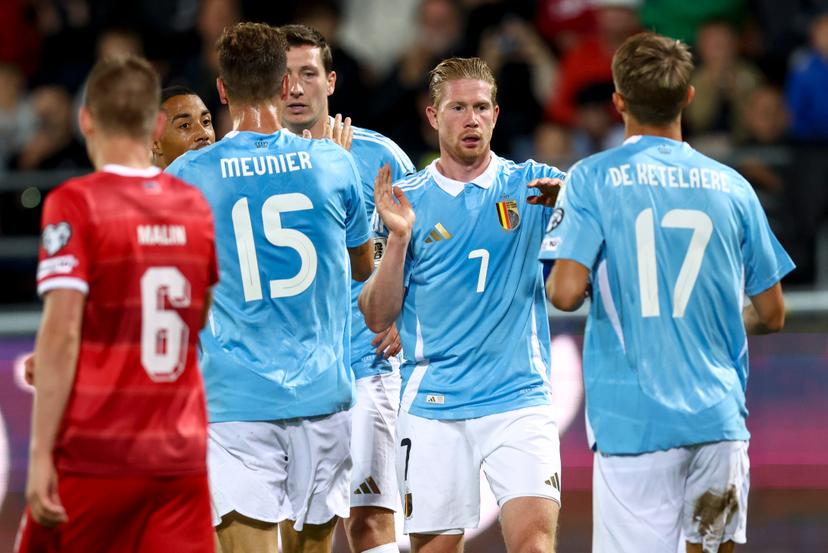 Belgian players celebrate after scoring during  a soccer game between Belgian national soccer team Red Devils and Liechtenstein, in Vaduz, on Thursday 04 September 2025, the third (out of 8) qualification game for the World Cup 2026. BELGA PHOTO BRUNO FAHY