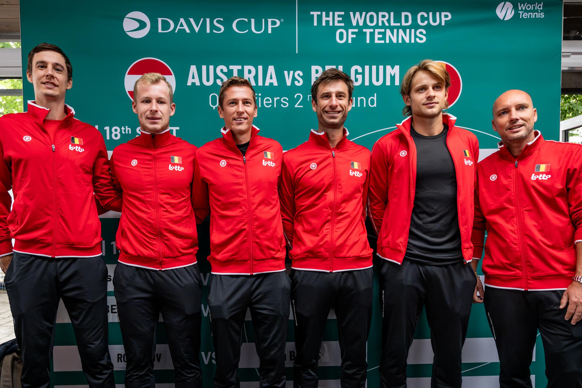 Belgian Joran Vliegen; Belgian Sander Gille; Belgian Kimmer Coppejans; Belgian Gauthier Onclin; Belgian Zizou Bergs and Belgian captain Steve Darcis pictured during the draw for the second round of Davis Cup qualifying between Belgium and Austria (Sept. 18-19), in Vienna, on Thursday 17 September 2026.  BELGA PHOTO DAVID PINTENS