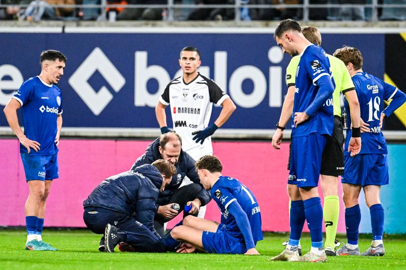 Gent's Mathias Delorge lies injured on the ground during a soccer match between KAA Gent and STVV, Sunday 30 November 2025 in Gent, on day 16 of the 2025-2026 'Jupiler Pro League' first division of the Belgian championship. BELGA PHOTO TOM GOYVAERTS