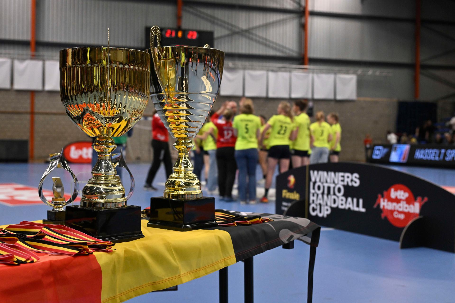 Picture taken during a handball game between HC Sprimont and HB Sint-Truiden, Saturday 19 April 2025, in Hasselt, the women's final of the Belgian handball cup. BELGA PHOTO JOHAN EYCKENS