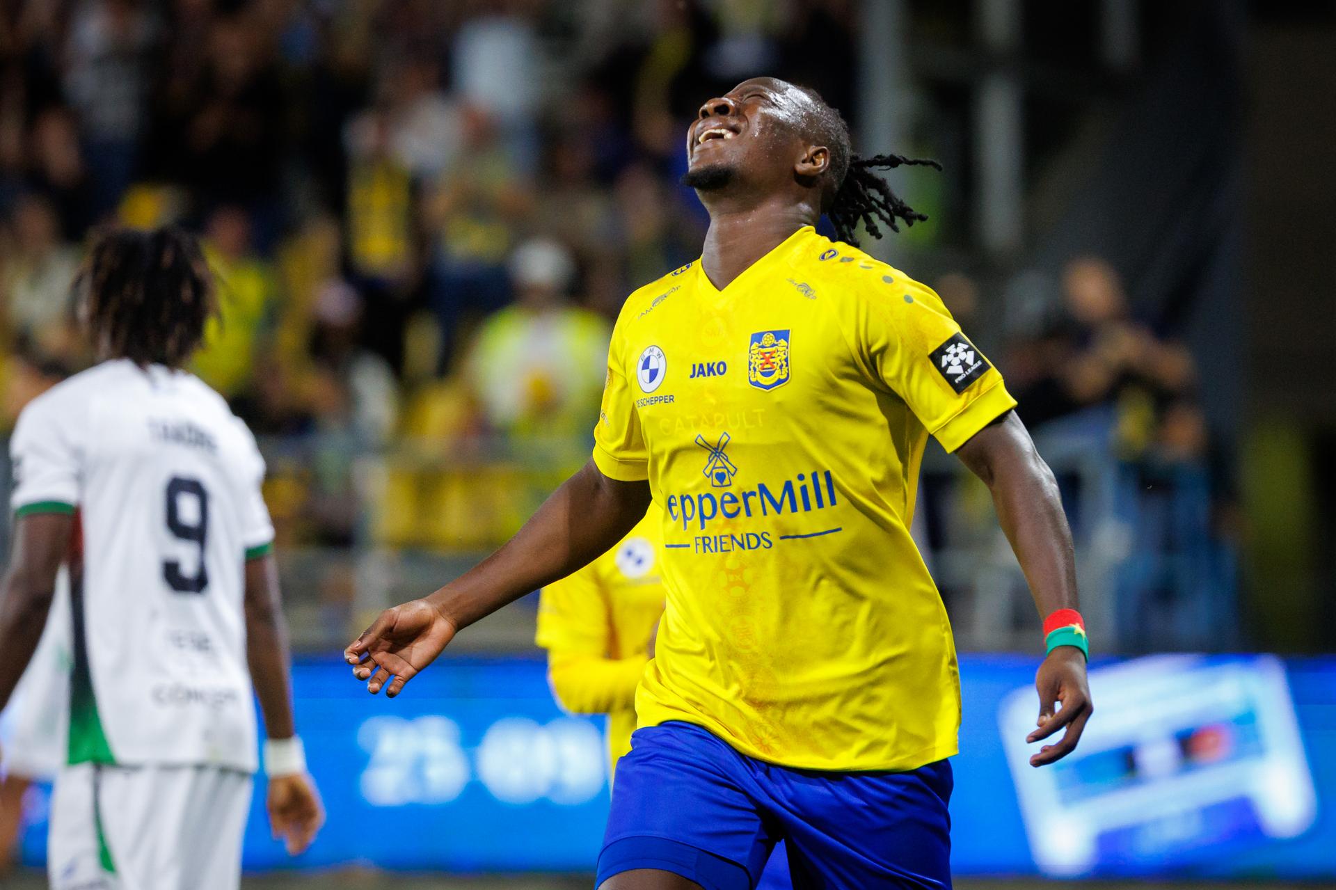 Beveren's Elohim Kabore celebrates after scoring during a soccer match between SK Beveren and OH Leuven, Sunday 6 September 2026 in Beveren, on day 5 of the 2026-2027 'Jupiler Pro League' first division of the Belgian championship. BELGA PHOTO KURT DESPLENTER