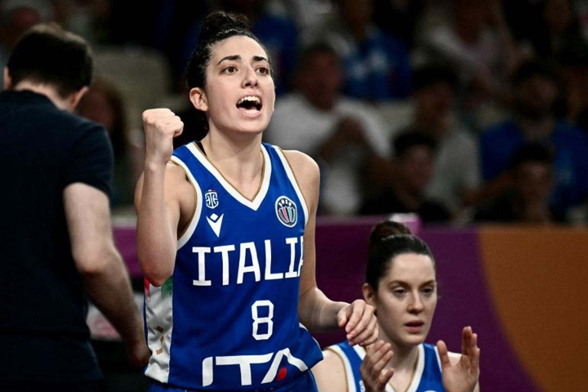 Italy's shooting guard Costanza Verona cheers from the sideline during the FIBA Women's EuroBasket 2025 third-place match between France and Italy at the Peace and Friendship Stadium in Athens on June 29, 2025.  Angelos Tzortzinis / AFP