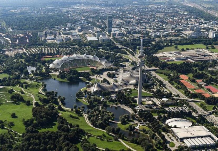 An aerial view shows Munich¿s Olympic stadium and tower   on September 5, 2021.  Tobias Schwarz / AFP