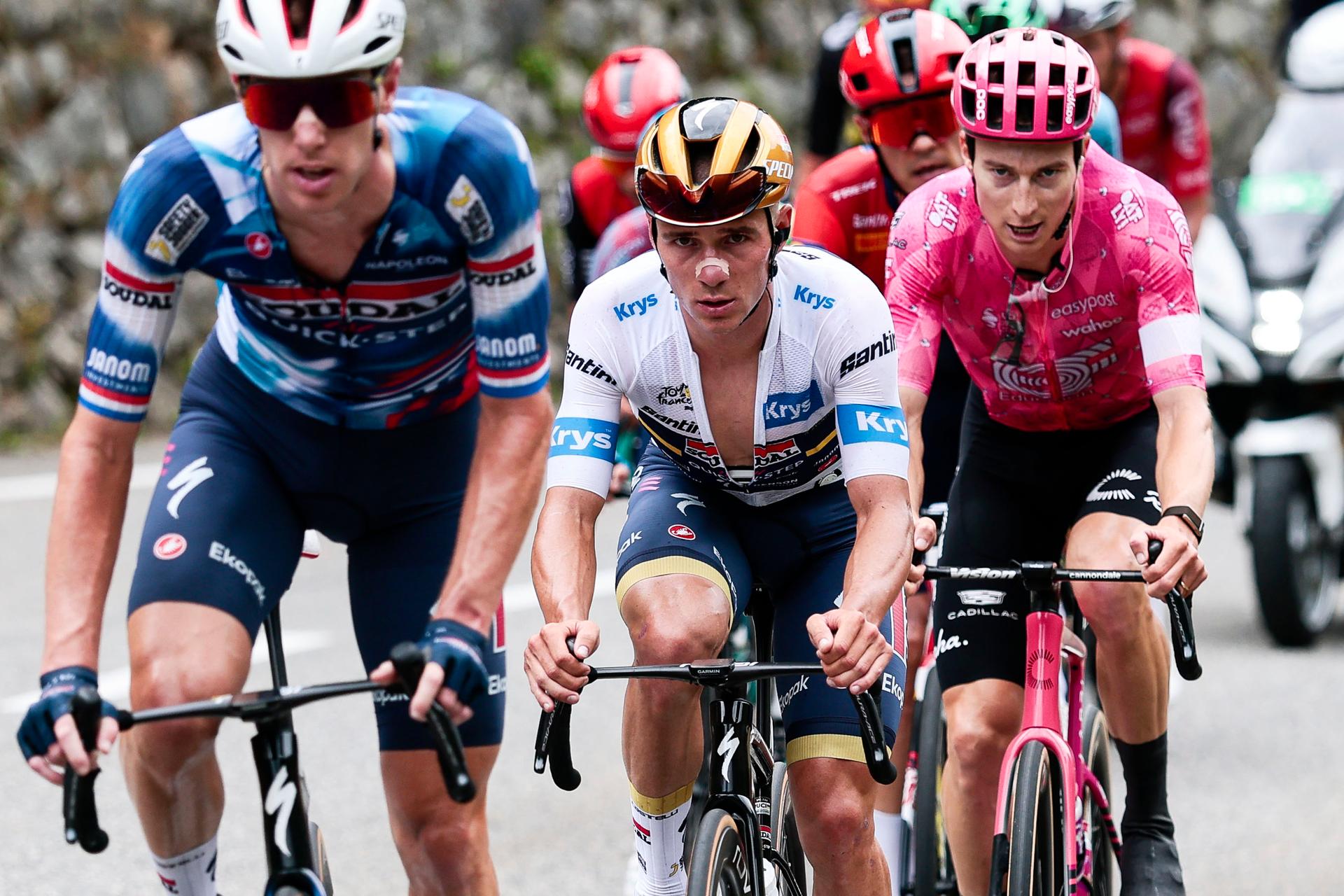 Belgian Remco Evenepoel of Soudal Quick-Step pictured in action during stage 14 of the 2025 Tour de France cycling race, from Pau to Luchon-Superbagneres (183 km), on Saturday 19 July 2025 in France. The 112th edition of the Tour de France starts on Saturday 5 July in Lille, France, and will finish in Paris, France on the 27th of July. BELGA PHOTO POOL LUCA BETTINI