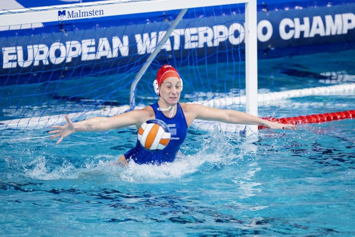 Greece's Loanna Stamatopoulou makes a save during the water polo match for the third place between Italy and Greece of the Women's European Water Polo Championship at the Pieter van den Hoogenband Swimming Stadium in Eindhoven on January 13, 2024.  Sander Koning / ANP / AFP