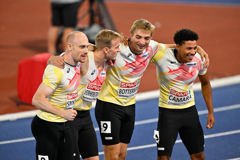 L-R, Belgian Antoine Snyders; Belgian Simon Verherstraeten; Belgian Emiel Botterman and Belgium's Ibrahim Camara celebrate after the final of the men's 4x100m relay race, on the seventh day of the European Athletics Championships (August 10-18) in Birmingham, United Kingdom, on Saturday 15 August 2026. Belgian team finished third and won a bronze medal. BELGA PHOTO ERIC LALMAND