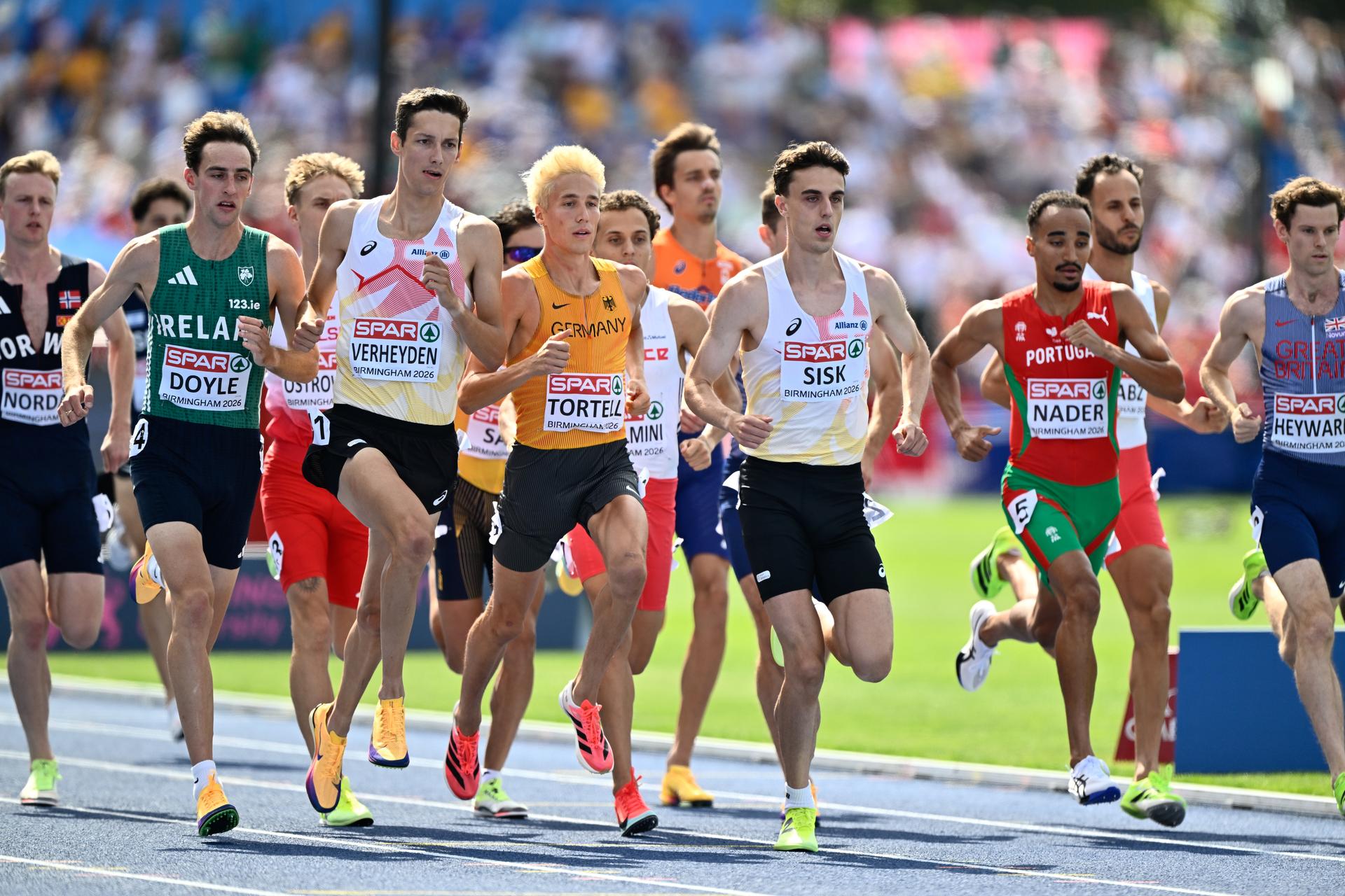 Belgian Ruben Verheyden and Belgian Pieter Sisk pictured in action during the 1500m race on the fifth day of the European Athletics Championships (August 10-18) in Birmingham, United Kingdom, on Friday 14 August 2026. BELGA PHOTO ERIC LALMAND