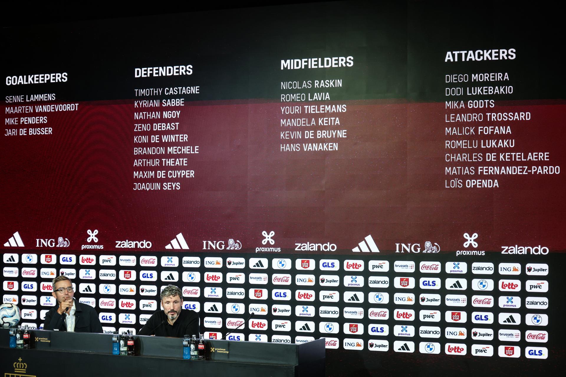 Belgium's spokesman Mathieu Istace and Belgium's head coach Mark van Bommel are pictured during a press conference to announce the selection of the Red Devils, the Belgian national soccer team, at the national training center in Tubize, Friday 18 September 2026. The team is preparing for fixtures in the UEFA Nations League competition. BELGA PHOTO BRUNO FAHY