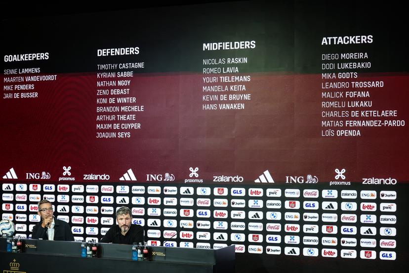 Belgium's spokesman Mathieu Istace and Belgium's head coach Mark van Bommel are pictured during a press conference to announce the selection of the Red Devils, the Belgian national soccer team, at the national training center in Tubize, Friday 18 September 2026. The team is preparing for fixtures in the UEFA Nations League competition. BELGA PHOTO BRUNO FAHY
