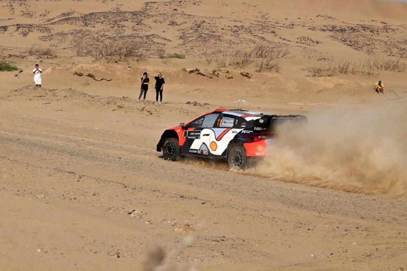 Hyundai Shell Mobis World Rally Team's Belgian driver Thierry Neuville and his co-driver Martijn Wydaeghe compete in their Hyundai i20 during stage 5 of the FIA World Rally Championship (WRC) in Jeddah on November 27, 2025.  Fayez Nureldine / AFP