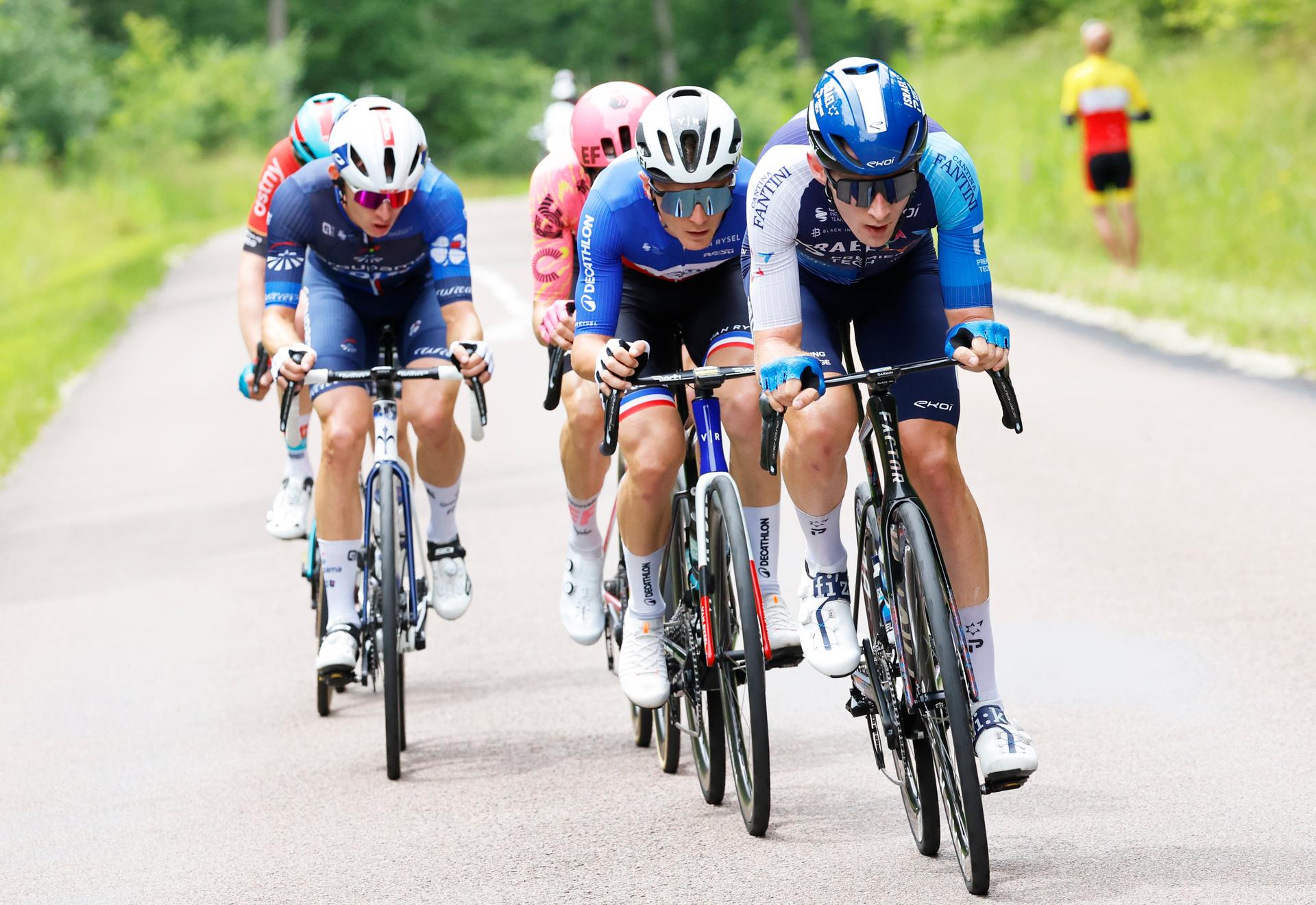 French Paul Lapeira of Decathlon Ag2r La Mondiale Team and Canadian Derek Gee of Israel-Premier Tech pictured in action during stage 9 of the 2024 Tour de France cycling race, from Troyes to Troyes, France (199 km) on Sunday 07 July 2024. The 111th edition of the Tour de France starts on Saturday 29 June and will finish in Nice, France on 21 July.  BELGA PHOTO POOL JAN DE MEULENEIR