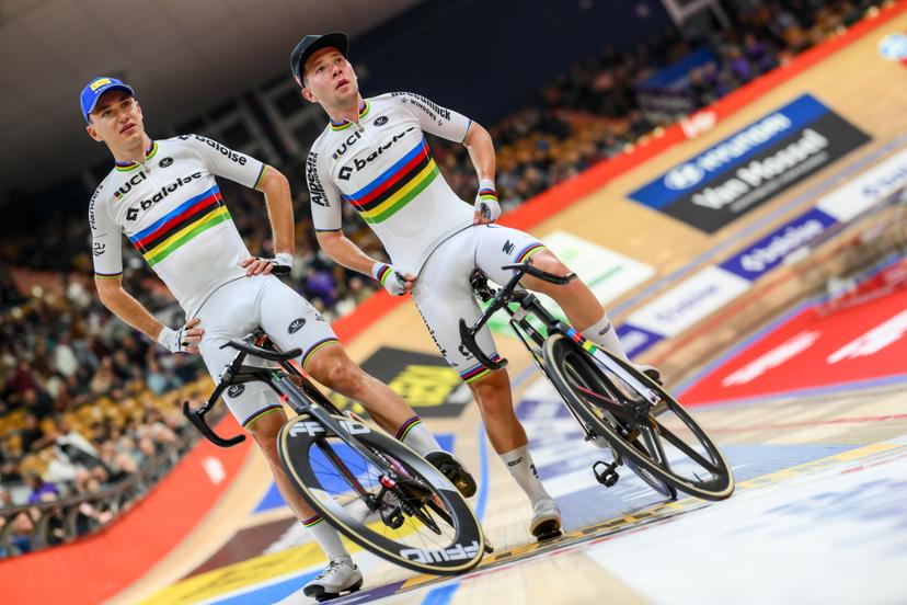 Belgian Lindsay De Vylder and Belgian Fabio Van Den Bossche pictured during the first day of the Zesdaagse Vlaanderen-Gent six-day indoor track cycling event at the indoor cycling arena 't Kuipke, Tuesday 18 November 2025, in Gent. BELGA PHOTO DAVID PINTENS
