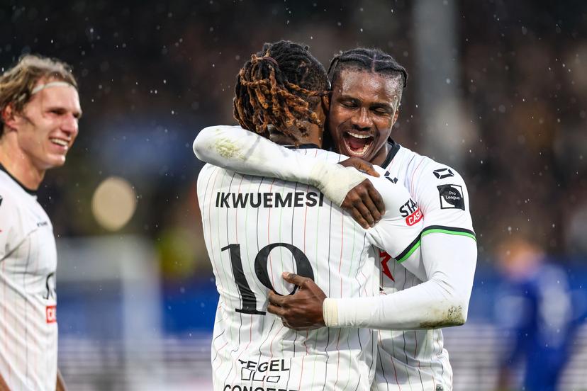 OHL's Chukwubuikem Ikwuemesi celebrates after scoring during a soccer match between Oud-Heverlee Leuven and KAA Gent, Sunday 02 November 2025 in Leuven, on day 13 of the 2025-2026 'Jupiler Pro League' first division of the Belgian championship. BELGA PHOTO BRUNO FAHY