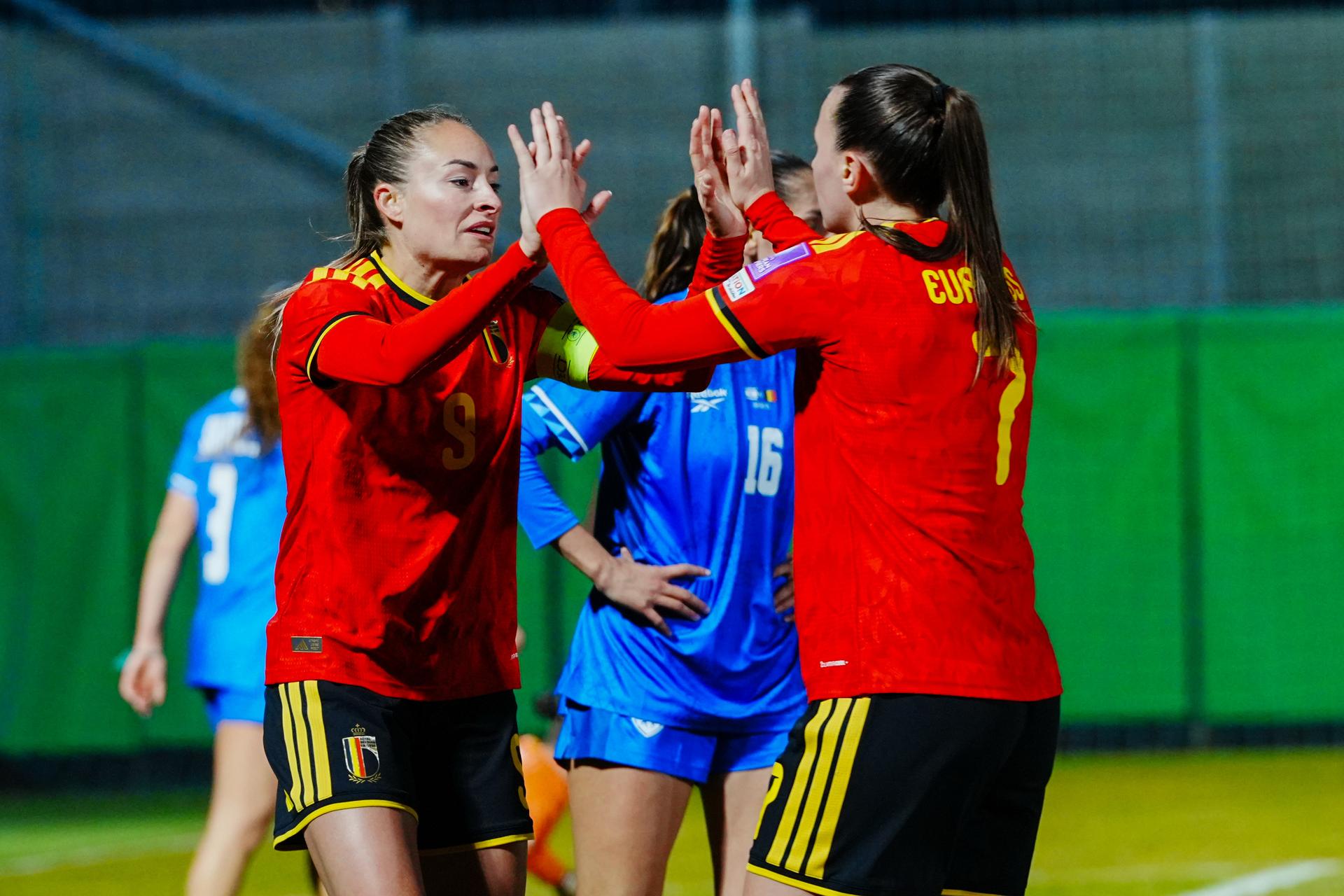 Tessa Wullaert and Hannah Eurlings of Belgium celebrates after scoring the opening goal during a game between Belgium's national women's soccer team the Red Flames and Israel, qualifying game 1/6 for the 2027 FIFA Women's World Cup, on Tuesday 03 March 2026, in Budaors, Hungary. BELGA PHOTO ISTVAN DERENCSENYI