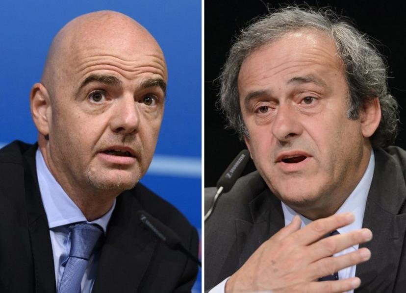 A combination made on November 10, 2015 shows a picture taken on October 15, 2015 in Nyon showing UEFA General Secretary Gianni Infantino (L) and a picutre taken taken on May 28, 2015 in Zurich showing UEFA President Michel Platini. Infantino vowed on November 10, 2015 to withdraw from FIFA's presidential election if Michel Platini, the UEFA president who is serving a 90-day ban from all football-related activities, is allowed to stand.  AFP PHOTO / FABRICE COFFRINI  FABRICE COFFRINI / AFP