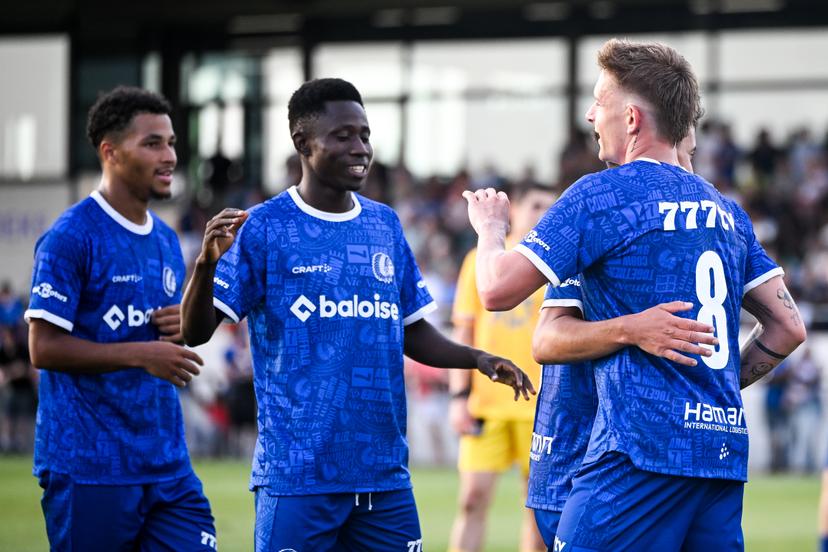 Gent's players celebrate after scoring during a friendly soccer game between first provincial division soccer team KFC Merelebeke and first division KAA Gent, on Saturday 27 June 2026 in Merelbeke, in preparation of the upcoming 2026-2027 Belgian first division soccer season. BELGA PHOTO ELIAS ROM