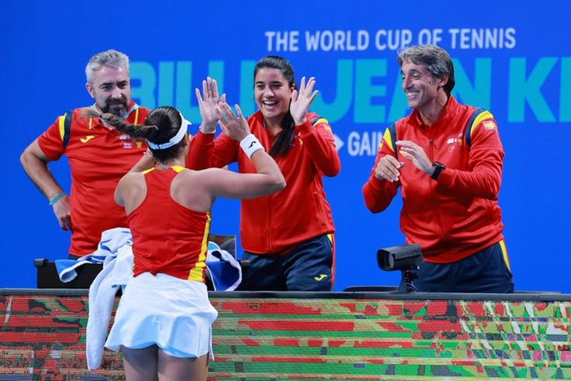 Spain's Jessica Bouzas Maneiro reacts with team members after beating Kazakhstan's Sonja Zhiyenbayeva in their women's singles quarter-final match at the Billie Jean King Cup tennis tournament in Shenzhen, in China's southern Guangdong province on September 23, 2026.   CN-STR / AFP