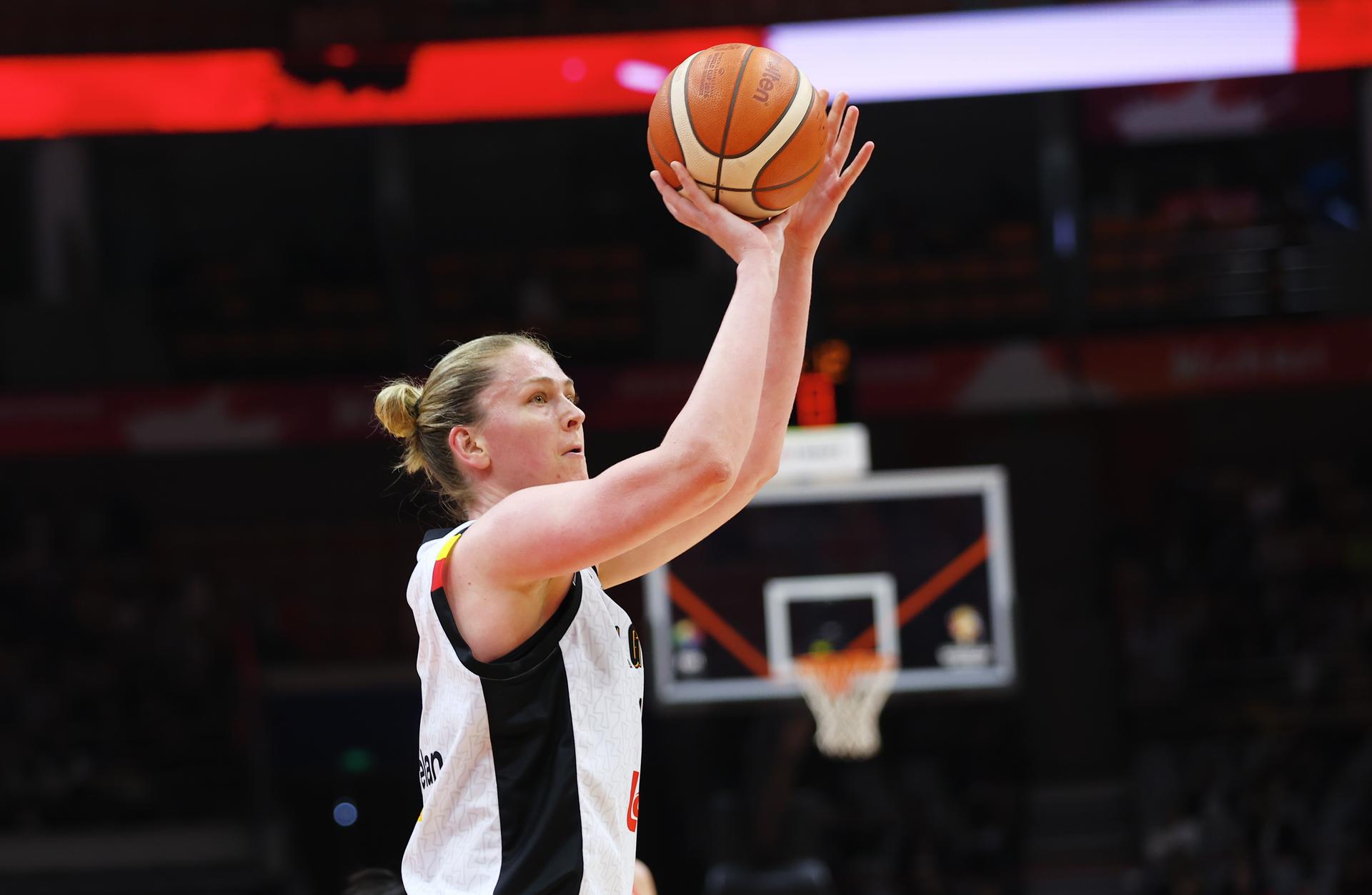 Belgium's Emma Meesseman fights for the ball during a basket game between China and Belgium's national team Belgian Cats, in Wuhan, China, on Thursday 12 March 2026, the second game (out of 5) of the qualifications phase for the World Cup Basket tournament. BELGA PHOTO NIKOLA KRSTIC
