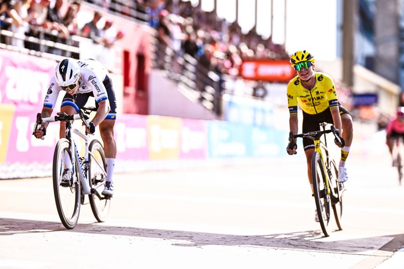 Dutch Lorena Wiebes of SD Worx-Protime and Dutch Marianne Vos of Team Visma-Lease a Bike pictured in action during the women's race of the 'Paris-Roubaix' one day cycling race, 148,5 km from Denain to Roubaix, France, on Saturday 12 April 2025. BELGA PHOTO JASPER JACOBS