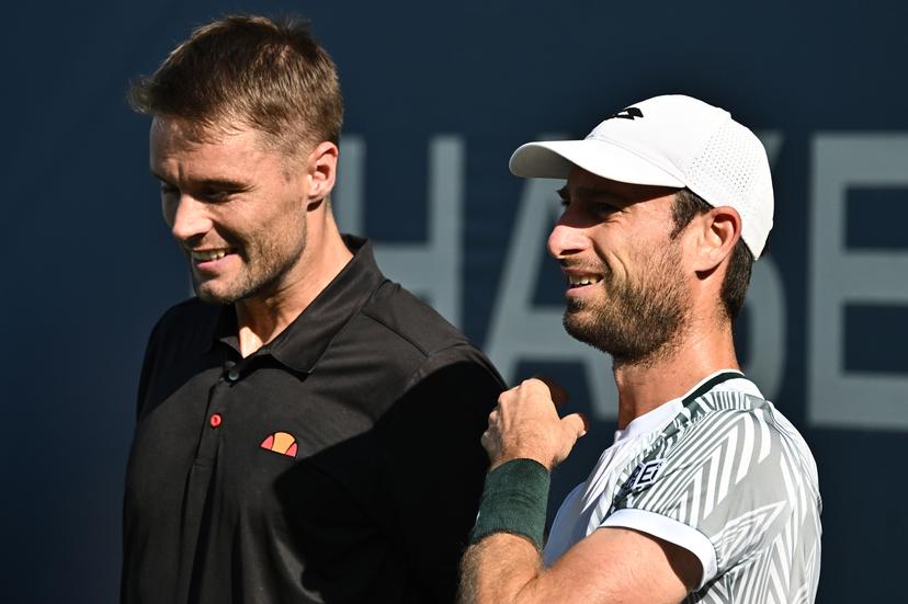 Sander Gille (white hat) of Belgium and partner Sam Verbeek of the Netherlands tap as they play Alexander Blockx of Belgium and Dino Prizmic of Croatia during the Men's doubles Round 1 of the 2026 US Open Tennis Championship, USTA Billie Jean King National Tennis Center in Flushing Meadow-Corona Park, in the Queens borough of New York, NY, September 4, 2026. (Photo by Anthony Behar/Sipa USA) BELGA PHOTO BENELUX ONLY