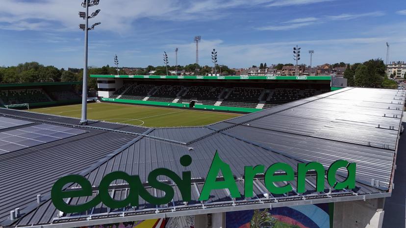 This aerial drone image shows  the newly built EASI Arena stadium of soccer team RAAL La Louviere, Friday 04 July 2025 in La Louviere. BELGA PHOTO ERIC LALMAND